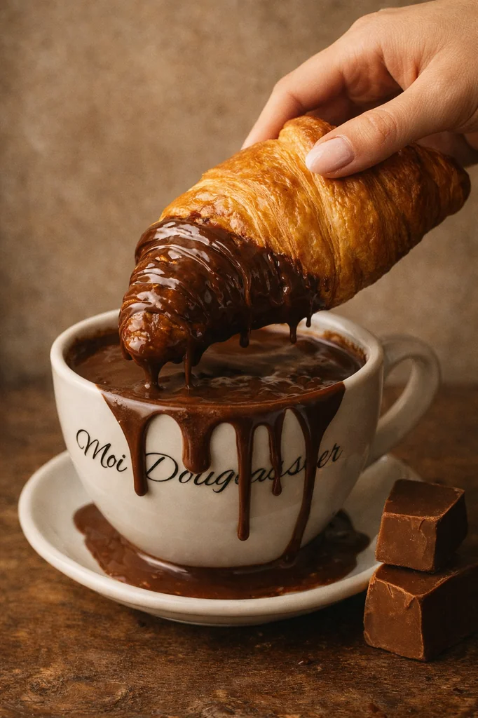 Freshly baked croissant dipped in Moi Doughssier branded hot chocolate